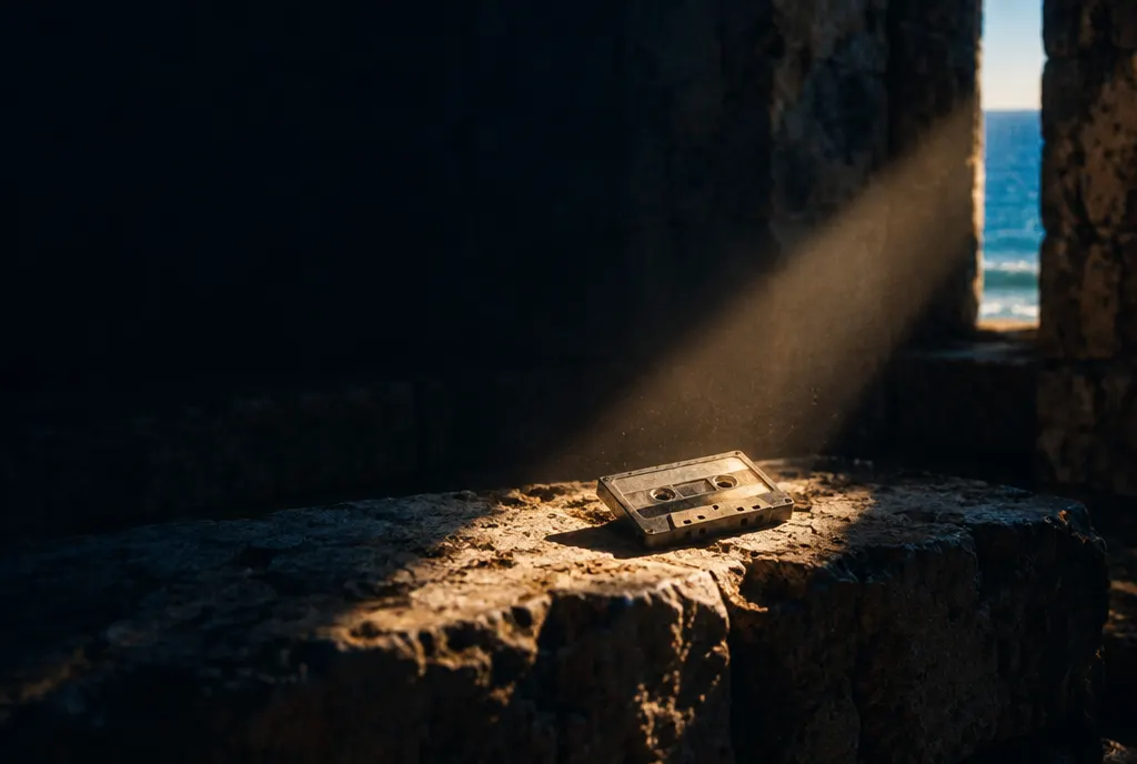 A cassette tape on a stone ledge in a beam of light