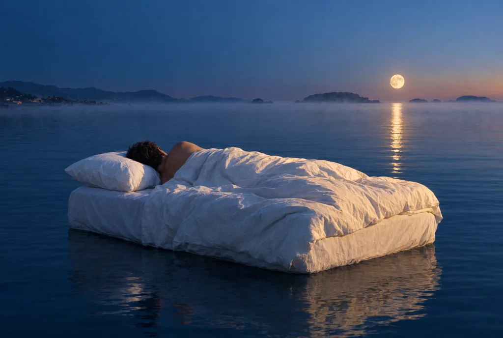 A man asleep in a bed floating on a calm sea at blue hour, the moon low over the islands