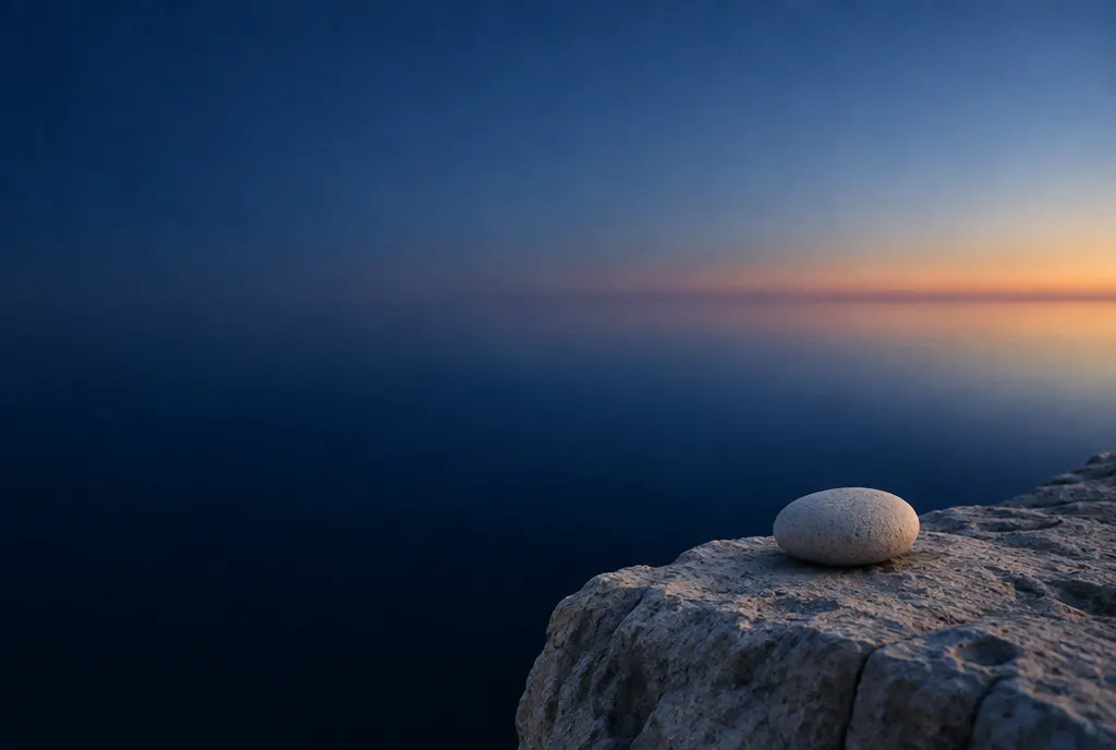 A smooth stone on a rock above a still sea at dusk