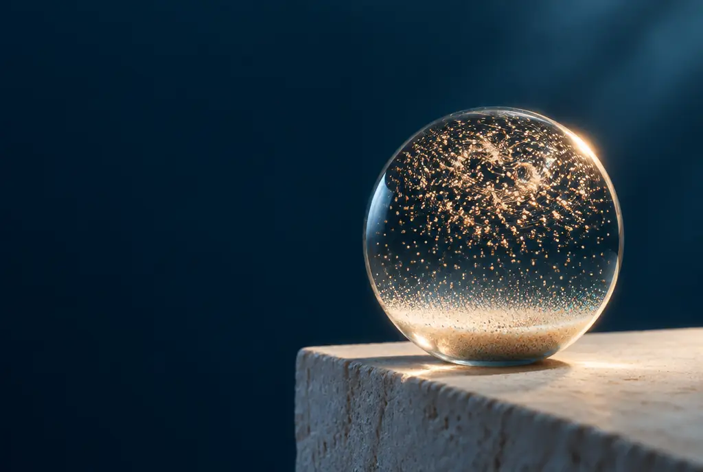 A clear glass sphere on a stone ledge, glowing particles swirling at the top and settling into stillness at the bottom