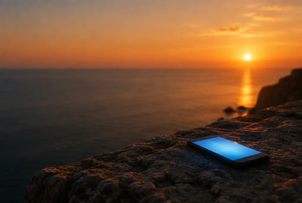 A glowing phone on a rock at sunset over the sea