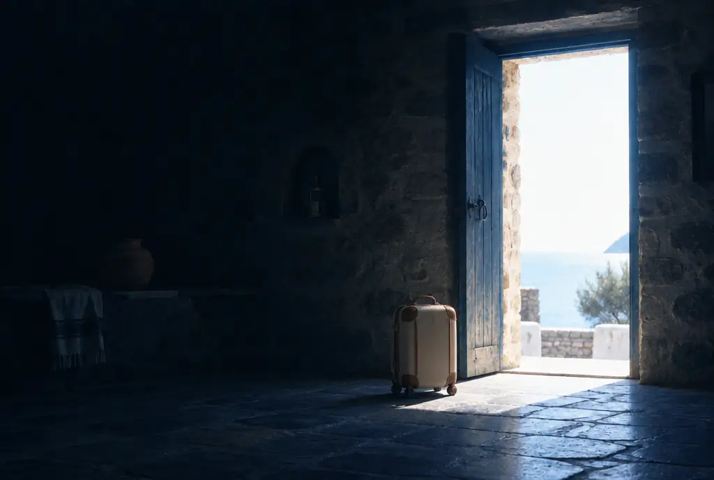 A small suitcase just inside an open door from a dark stone room to bright sea light