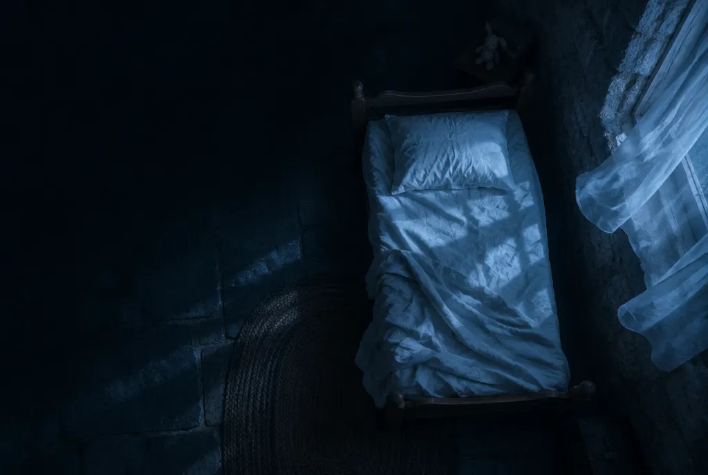 A bed seen from above in moonlight